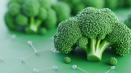 A fresh broccoli head on a green background, with molecular structures symbolizing nutrition and health benefits.