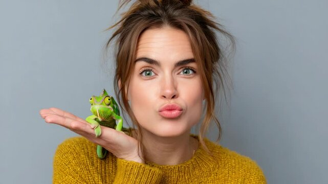 Woman is holding a green frog in her hand and is kissing it. Concept of playfulness and affection towards the frog