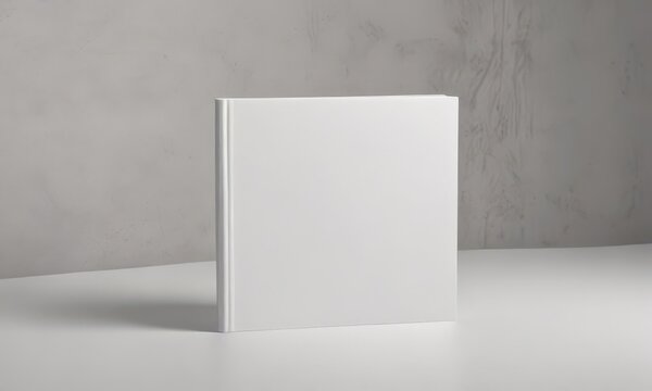 Clean white book cover mockup, square format, textured backdrop ,  presentation,  flatlay, book