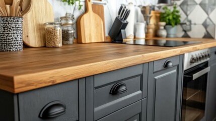 Modern, wood-topped kitchen counters and cabinets in muted tones.
