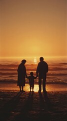 Obraz premium silhouette of family with child, holding hands at sunset by the sea