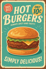 Vintage fast food burger sign with classic hamburger illustration on retro metal background for diner and restaurant © Retropix