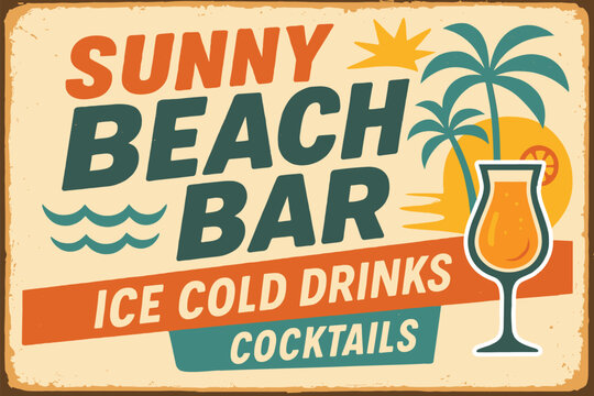 Retro tropical beach bar poster with palm trees and cocktail &ndash; summer vacation vector signboard design