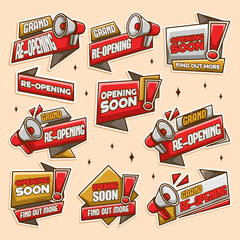 Megaphone label set with text Grand opening. Megaphone in hand promotion banner. Marketing and advertising