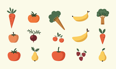 A charming vector set of fruits and vegetables, hand-drawn in a cozy Scandinavian folk-art style. Featuring clean lines, muted earthy tones, and whimsical botanical accents&mdash;perfect for packaging, 