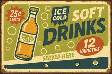 Ice Cold Soft Drinks Retro Sign – Vintage Summer Beverage Poster with Orange Juice and Fizzy Drink Illustration