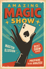 Magician hand with playing cards retro poster on blue background