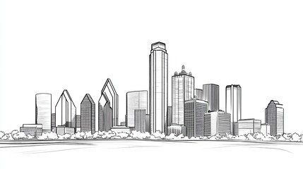 Modern minimalist city skyline in black and white line art.