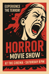 Retro Horror Movie Poster – Screaming Man & Blood Splatter On Dark Background, Scary Cinema Night Scene Vector Art