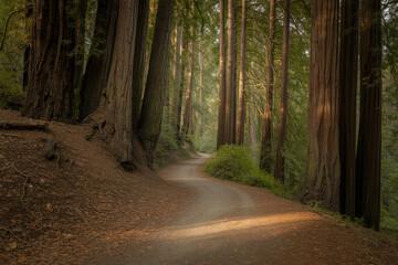 Obraz premium Forest Road With Sunlight Filtering Through Redwood Trees In Northern California Landscape