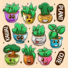 cute character green plants in pots collection set