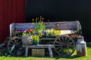 Vinon, Sweden A cute wooden wagon with flowers at a farmhouse.