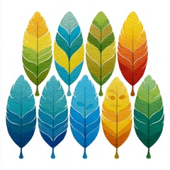 Fototapeta premium Ten Stylized Autumn Leaves in Gradient Colors on White Background