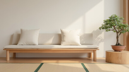 minimalist living room features wooden sofa with cushions, small potted plant, and natural light illuminating space, creating serene atmosphere