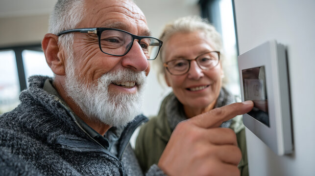Elderly couple adjusting smart home thermostat with happy expressions in cozy indoor setting