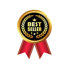 Fototapeta premium Golden best seller label with wreath laurel and red ribbon. Used for business purpose