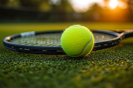 Bright yellow tennis ball is on the black racket over green grass at sunset