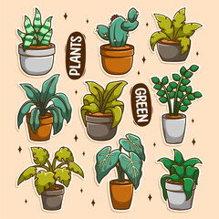 Large set of indoor plants, hand drawing vector in cartoon style.