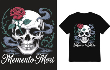 Memento Mori Skull with Red Rose and Vines T-Shirt Design