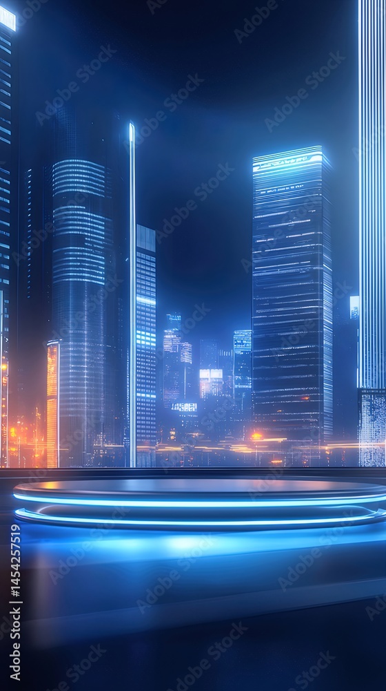 Poster 光輝く未来都市の夜景 青色のネオンライトと高層ビルのシルエットが印象的なデジタルアート