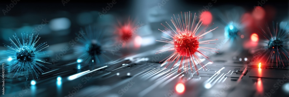 Poster Cyber Attack Concept Showcasing Red and Blue Virus Particles Interacting With a Complex Circuit Board Design Generative AI
