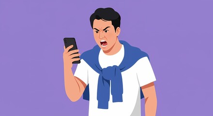 An illustrated man exhibits extreme frustration while engaging with his smartphone on a simple background expressing negative reaction