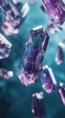 Shimmering amethyst crystals floating against a dynamic backdrop displaying shades of blue and purple