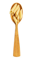 Pennette rigate. Raw pasta in  wood spoon isolated on white background. Top view.