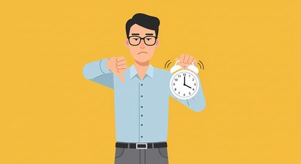 Frustrated man expressing disapproval of time constraints or deadlines in a colorful, stylized illustration against a yellow backdrop