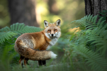 Fototapeta premium Captivating Red Fox Portrait Amidst Lush Green Ferns In A Tranquil Forest Setting