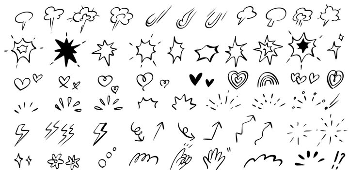 hand drawn icons set -Line speed cartoon effect, boom explosive motion line element set. Comic boom burst, explosive smoke, line speed cartoon vector icon. Hand drawn sketch doodle action effect. 
