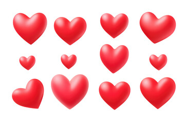 3d romantic set of red hearts, a symbol of love for Valentine's Day illustration on transparent background.
