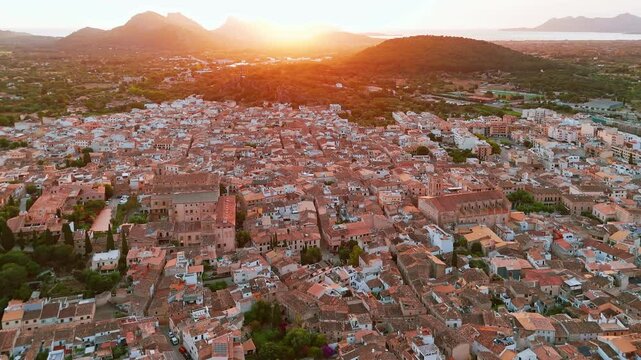 Aerial view of the picturesque town of Pollensa in Mallorca, Spain.