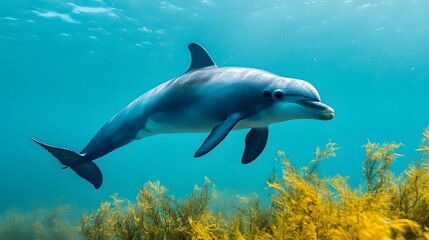 Naklejka premium Dolphin swimming in clear blue water, surrounded by kelp