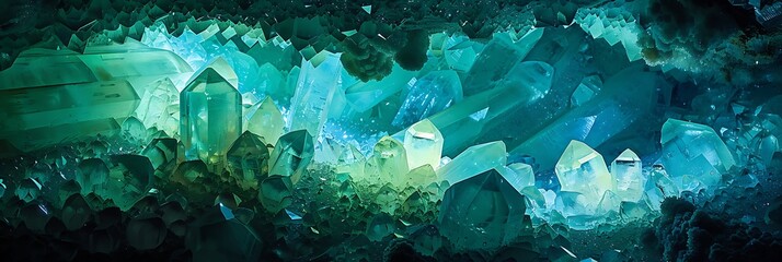 Obraz premium Luminous cluster of blue and green crystals glowing within a dark cave. Magical, fantasy, or geological treasure concept. Imaginative design. 