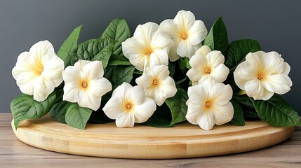 Fototapeta premium Creamy-white flowers arranged on a light wooden platter. A bouquet of delicate blossoms sits on a natural-toned cutting board, with lush green foliage