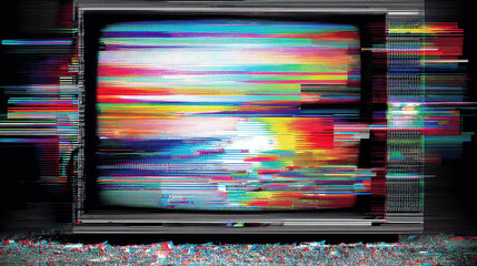 Glitch art in vibrant colors displayed on a vintage television set in a creative workspace