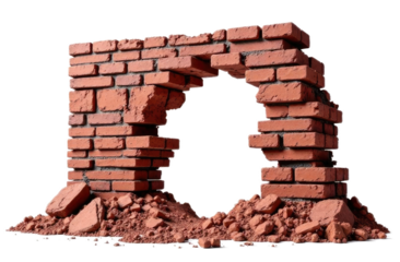 Red brick wall. Destroyed brick wall without background.