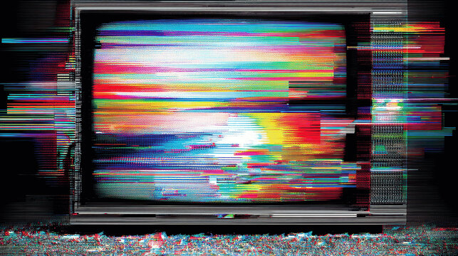 Glitch art in vibrant colors displayed on a vintage television set in a creative workspace