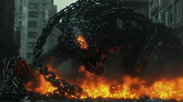 A monstrous creature with fiery eyes emerges from the ground, surrounded by destroyed buildings and chaos
