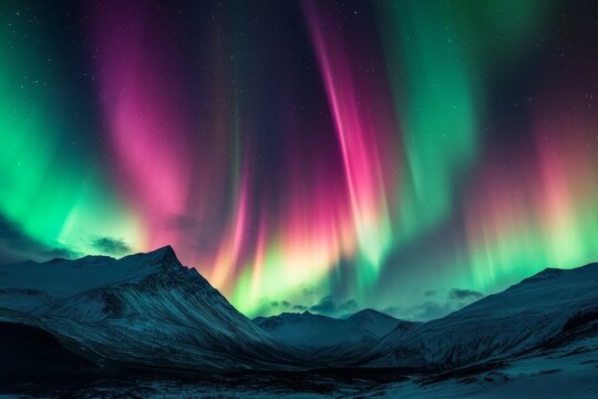 Majestic aurora borealis dances over snow-capped mountains. Vivid pink and green lights paint the night sky, a breathtaking display over a winter landscape