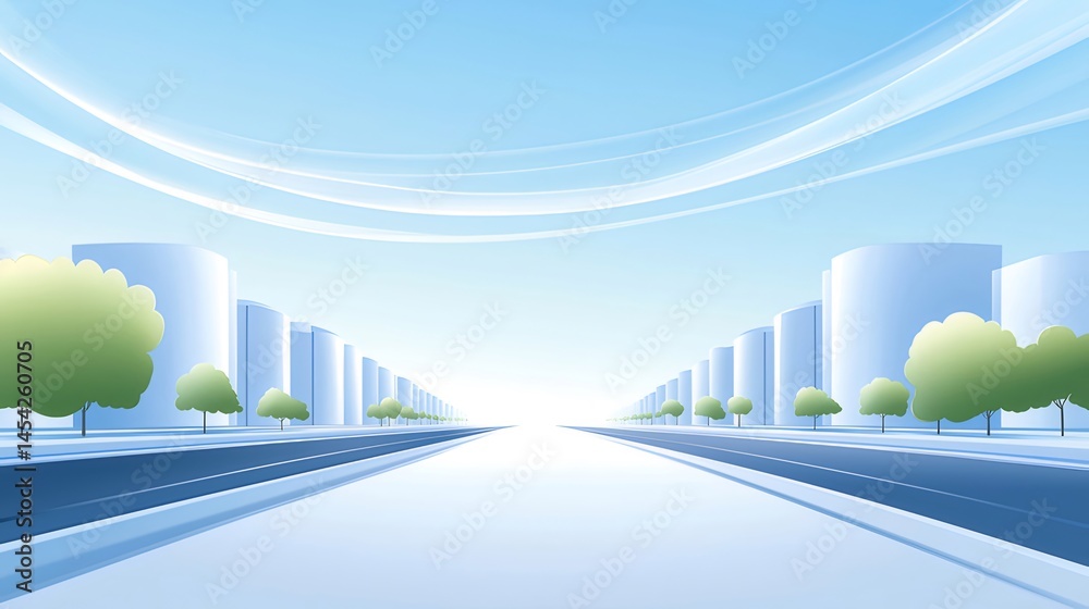 Poster 広々とした青空の下 抽象的な都会の風景 道路と建物と木々が並ぶ透視図