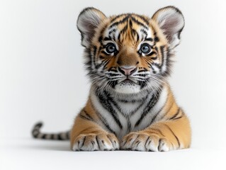 Obraz premium Adorable tiger cub, front view. Small, cute, newborn, eyes, stripes, golden, white background, wildlife, nature, precious, focused gaze, small paws, laying down, perfect, instinctive