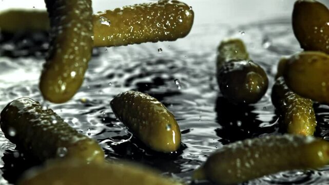 Pickled cucumbers fall on a wet table. Filmed on a high-speed camera at 1000 fps. High quality FullHD footage