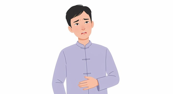 Illustration depicting a worried young man experiencing stomach pain, wearing traditional attire against a clean background, symbolizing digestive distress