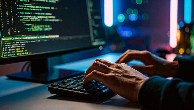 Hands of a programmer typing code on a keyboard, working on software development in a tech-lit modern workspace.
