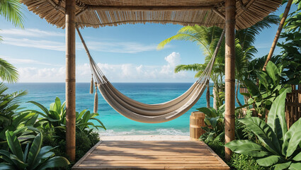 Serene hammock overlooking turquoise ocean and sandy beach on a tropical paradise getaway