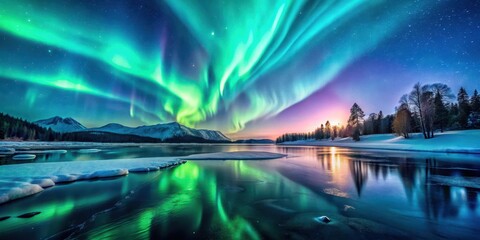 Obraz premium Breathtaking aurora borealis dance above frozen lake, Northern Lights