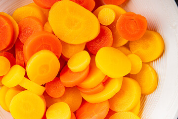 Carrot vegetable rings boiled vegetable dish fresh food background on the table rustic food top view copy space