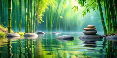 A serene underwater scene with multiple tranquil zen stones floating in calm water surrounded by lush greenery and towering bamboo reeds , Natural Oasis, Underwater